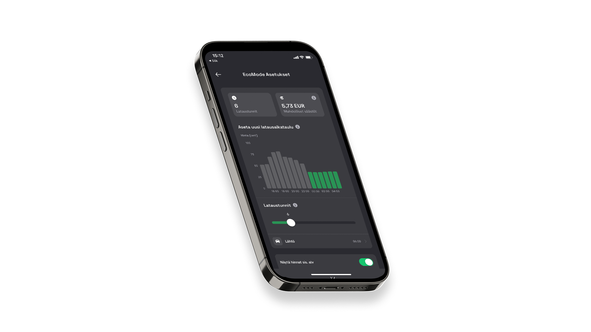 Defa PowerSmart-sovelluksen käyttöliittymä sähköauton latauksen hallintaan.