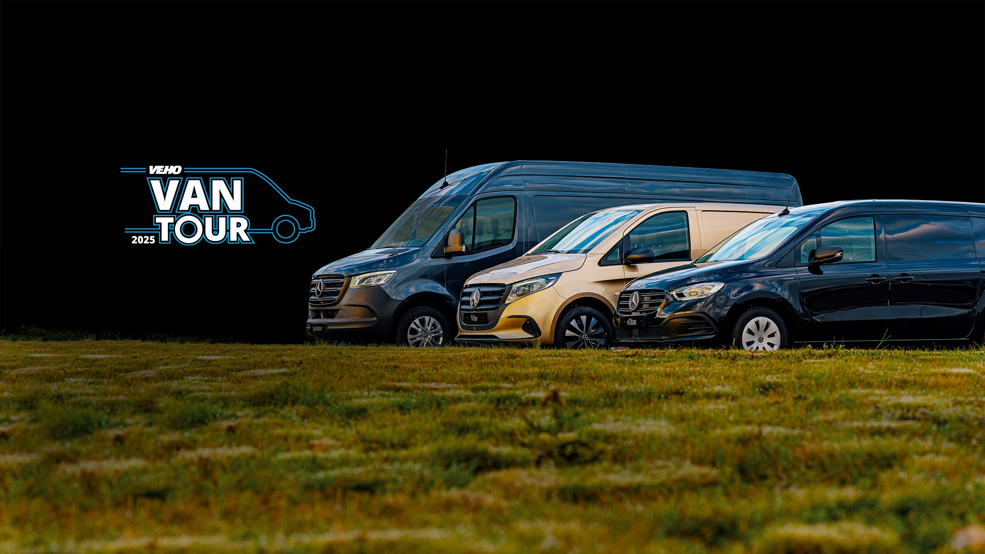 Veho Van Tour -logo ja vasemmalla Sprinter, Vito ja eCitan nurmikolla