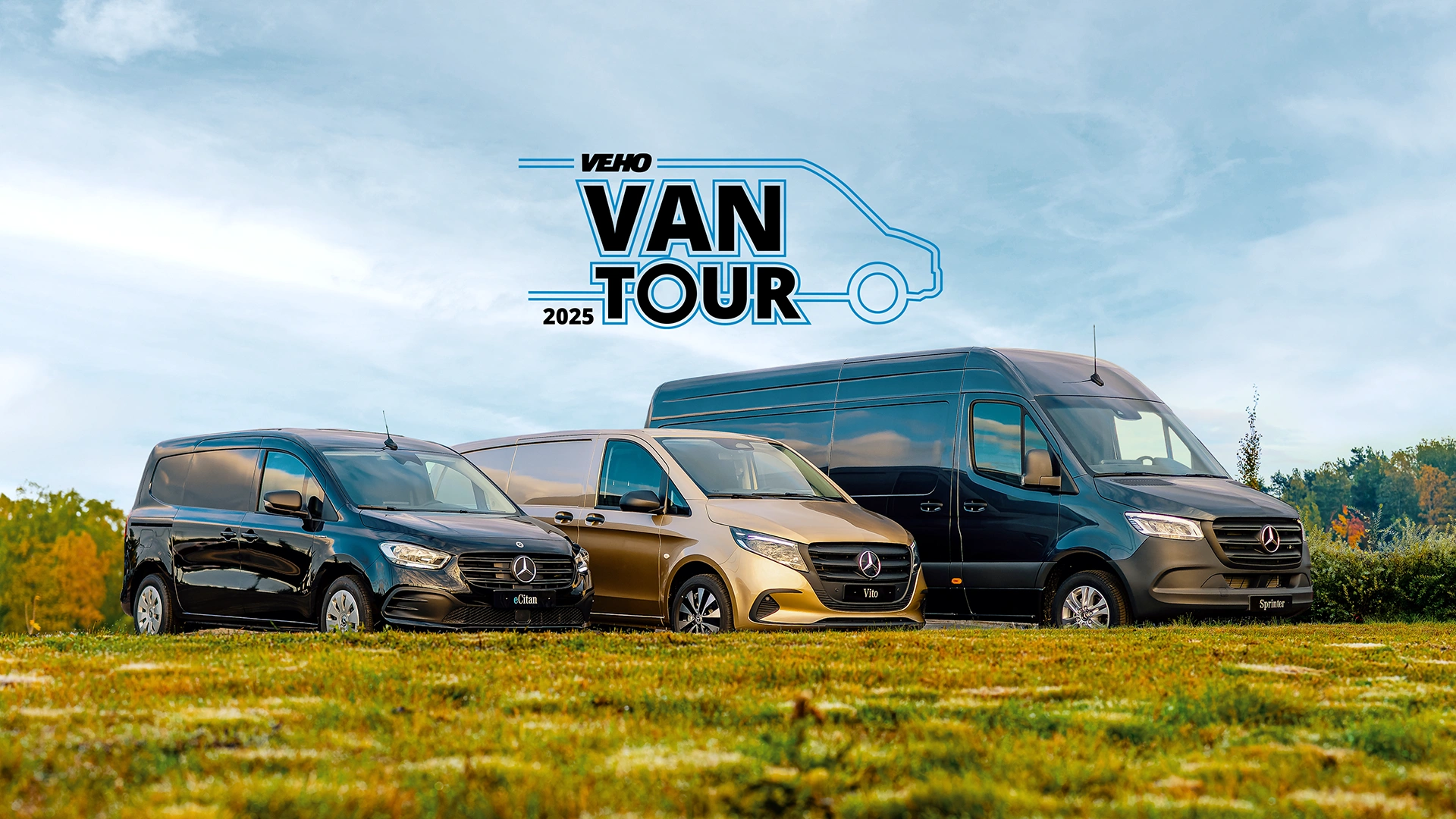 Veho Van Tour logo ja kolme Mercedes-Benz pakettiautoa