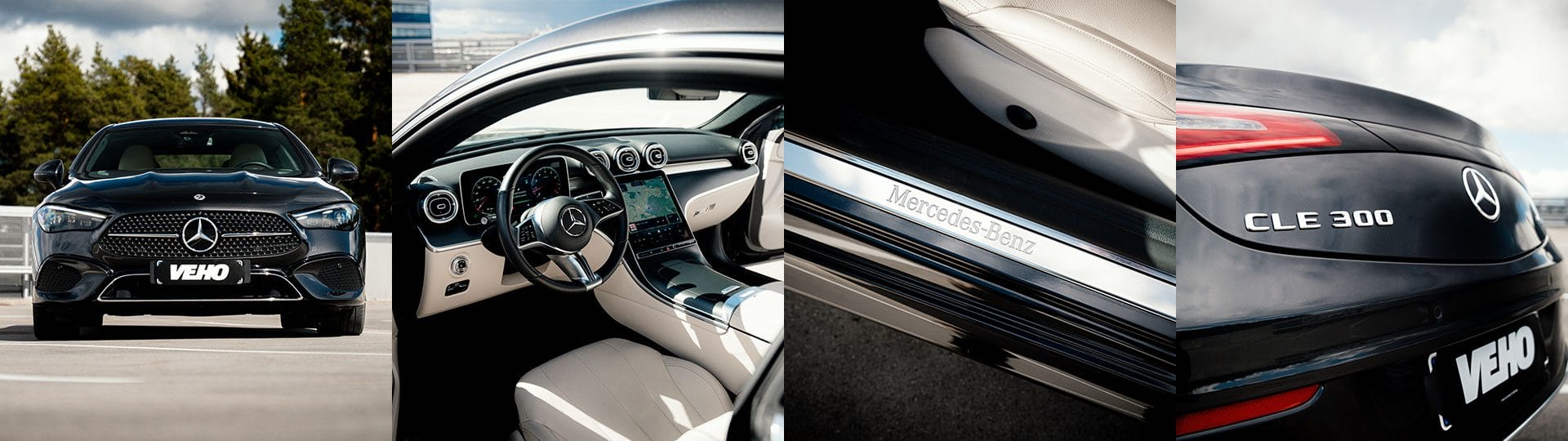 Neljä kuvaa rinnakkain Mercedes-Benz CLE Coupésta. Keula, ratti, lista ja perä.