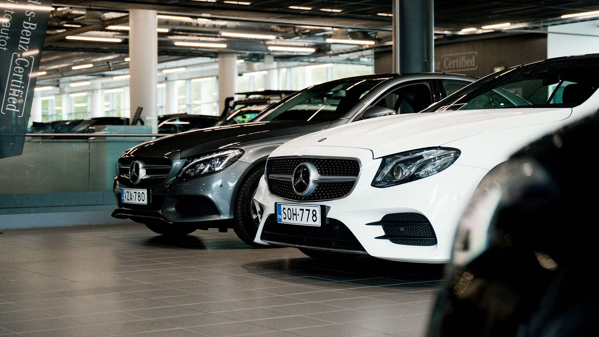 Mercedes-Benz-autojen keulat rivissä.