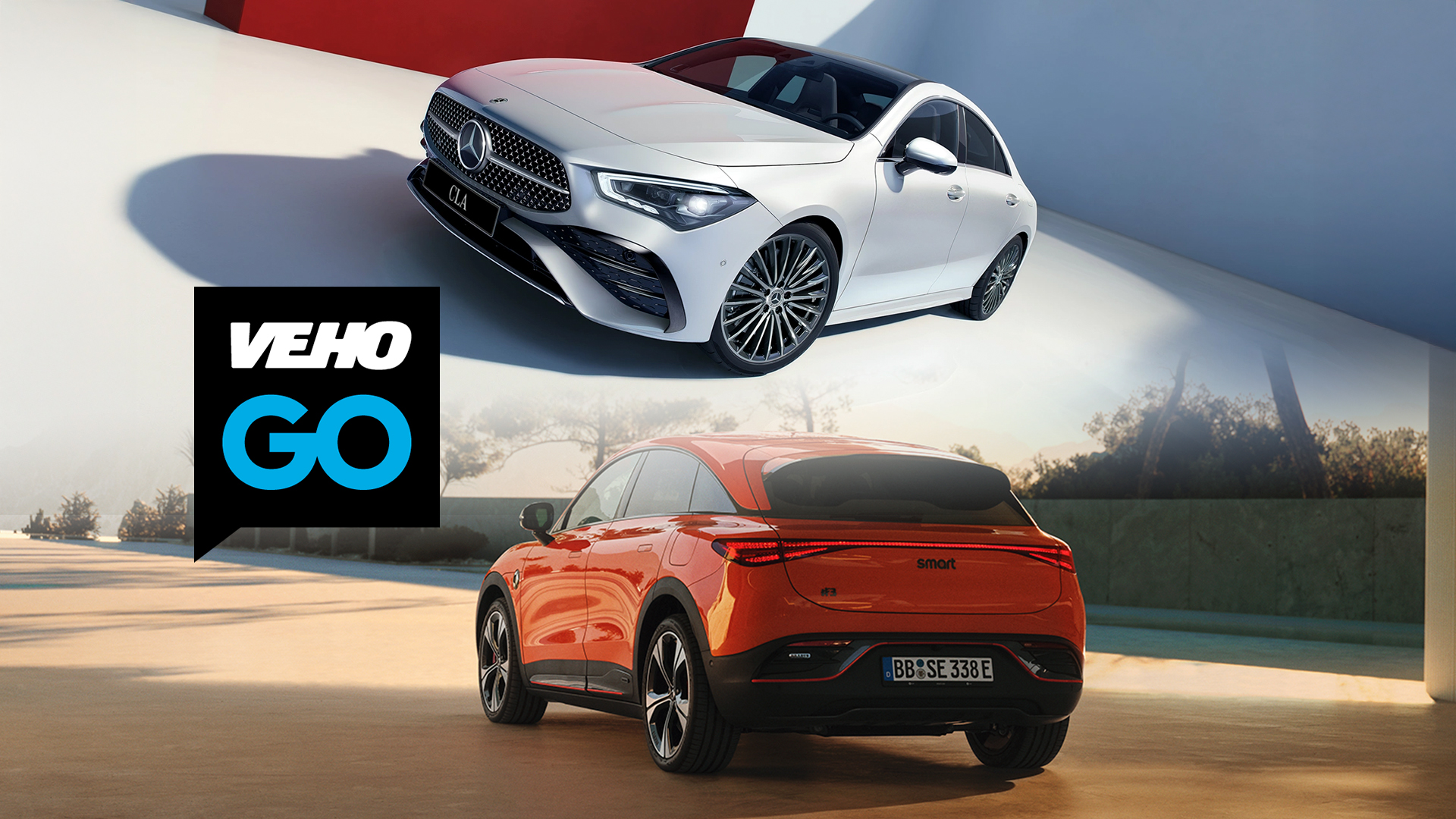 Oranssi smart #3 Brabus ja valkea CLA coupe vierekkäin