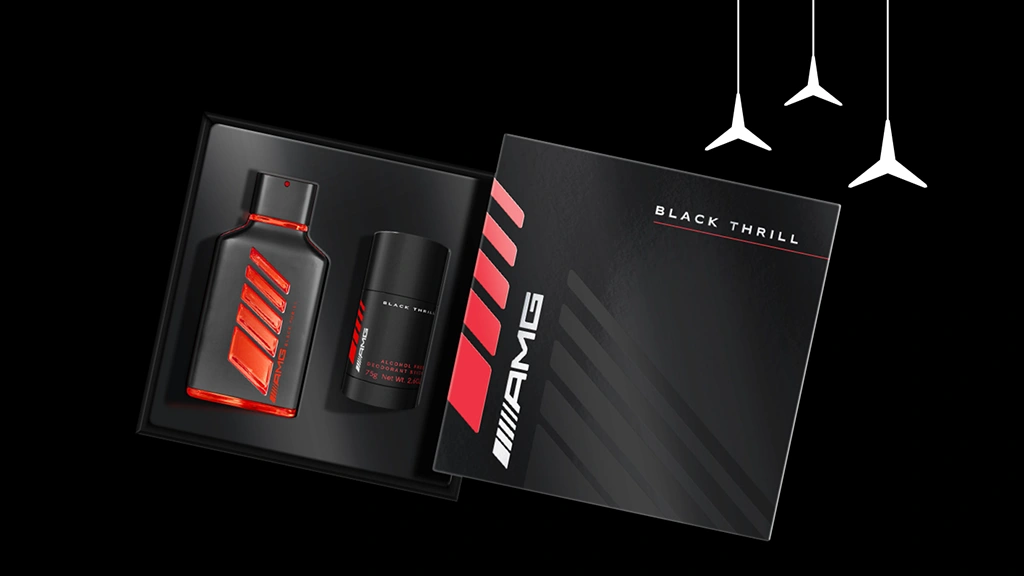 Miesten AMG BLACK THRILL EdP -lahjapakkaus. Pakkauksessa EdP100 ml sekä Deostick 75g.