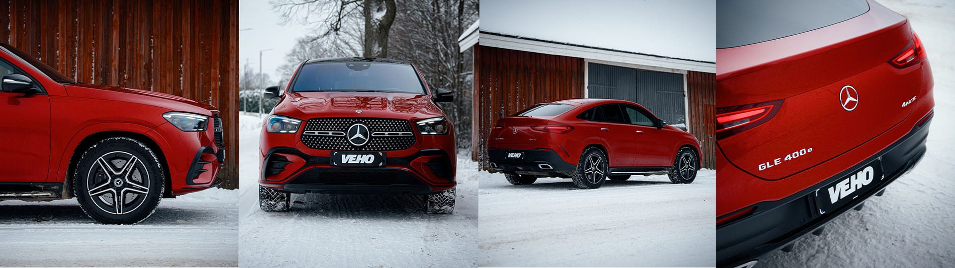 Punaisen Mercedes-Benz GLE -auton ulkopuolen yksityiskohtia.