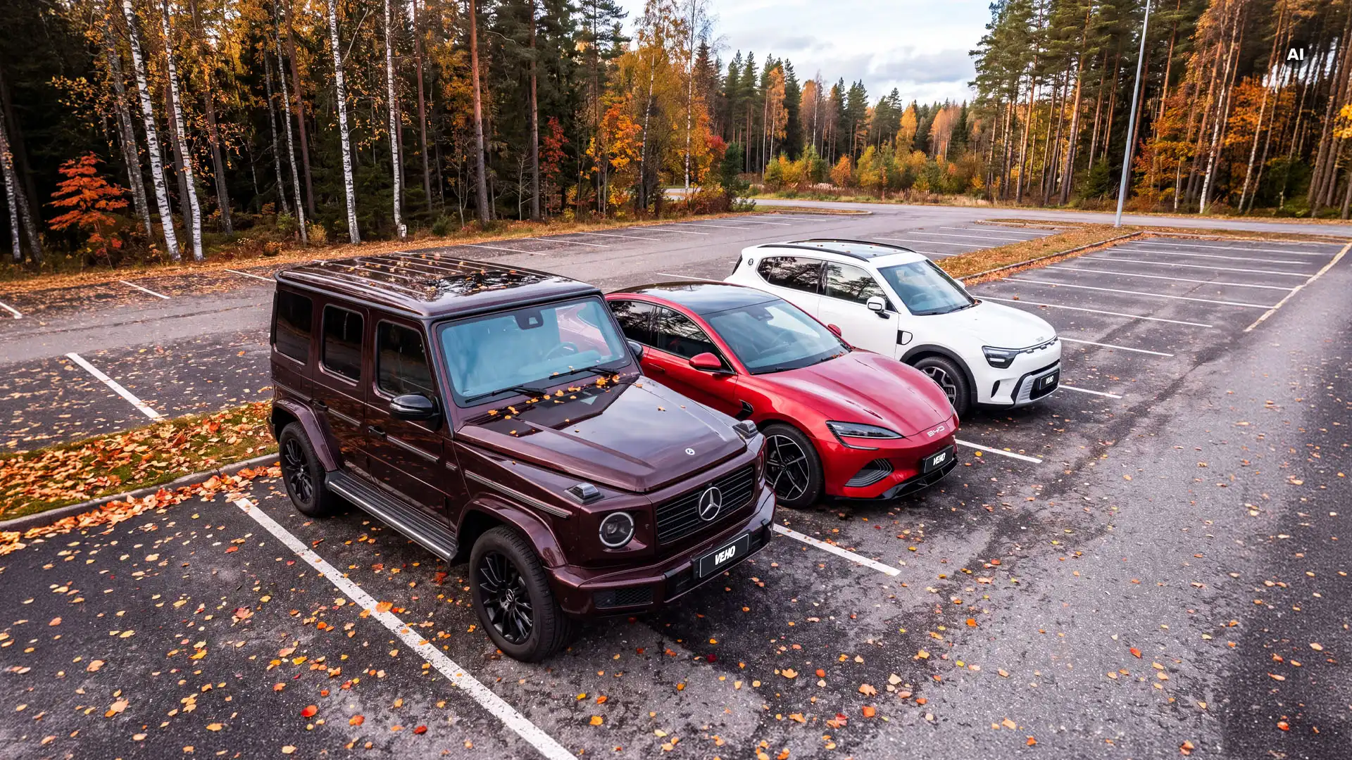Autoja rivissä syksyinen tausta takana