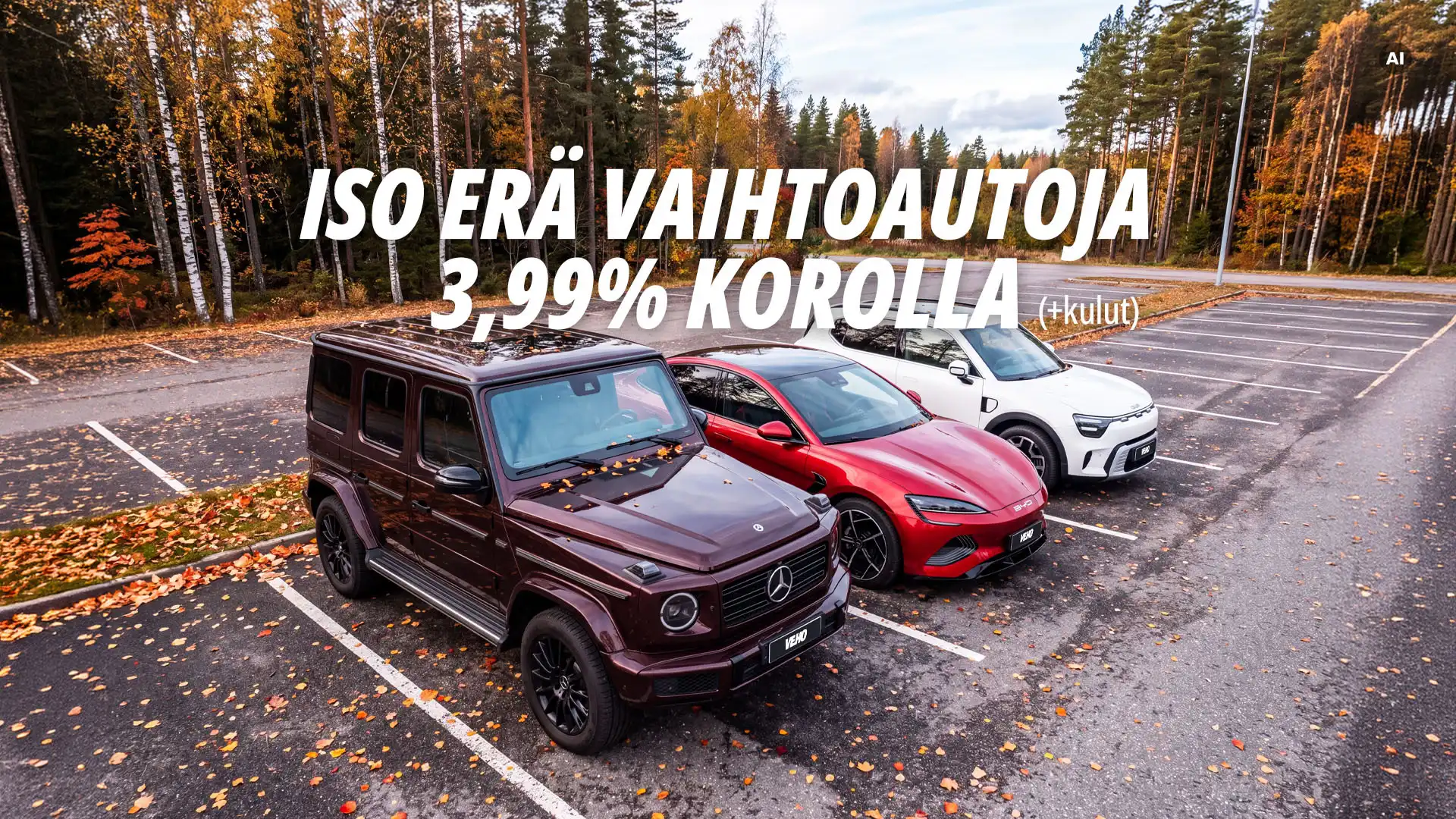 Veho vaihtoautoja rivissä syksyisellä parkkipaikalla.