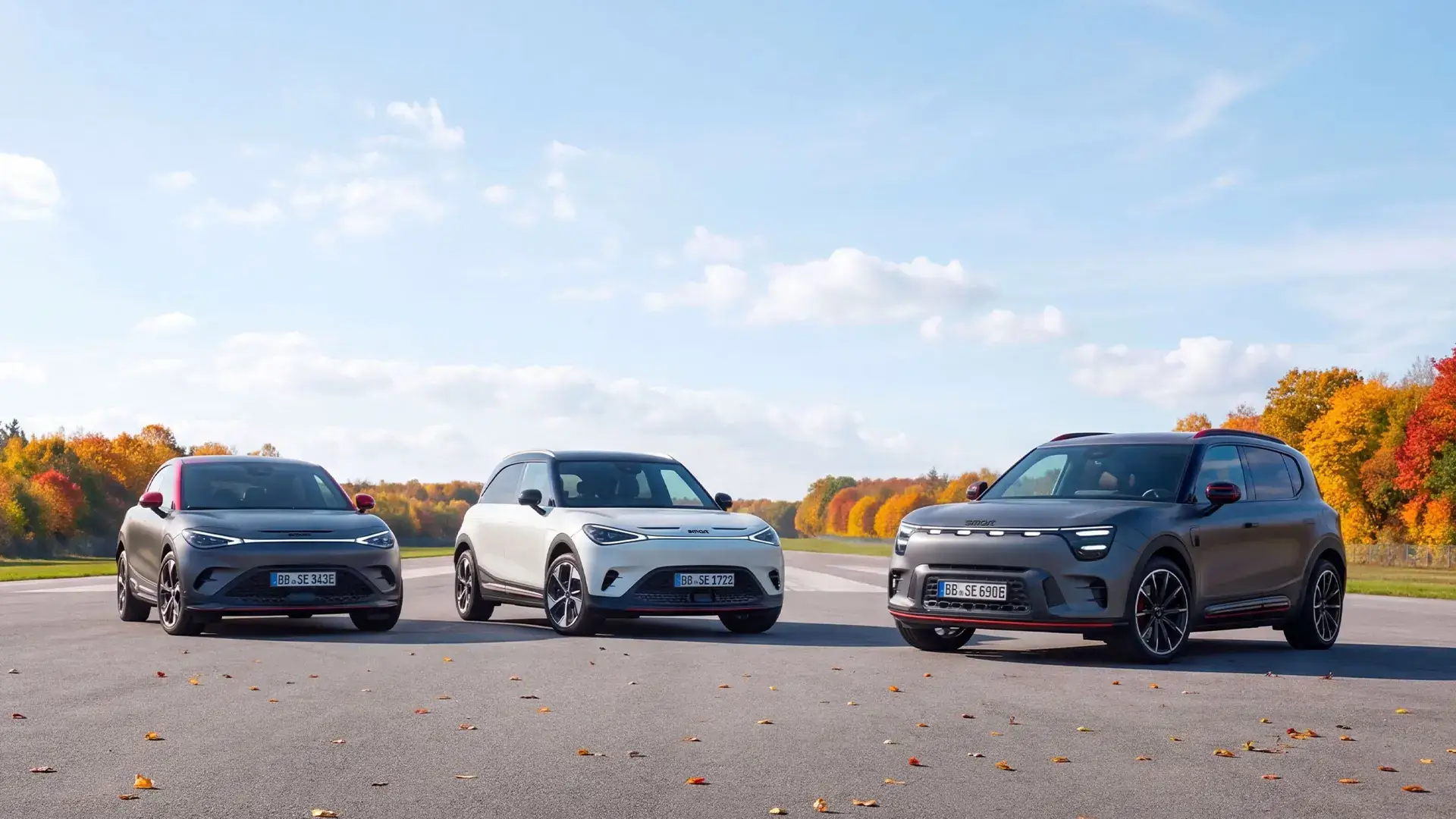 smart #1, smart #3 ja smart #5 autot rivissä syysmaisemissa.